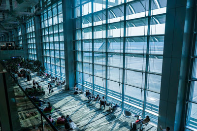 High angle view of people in modern building