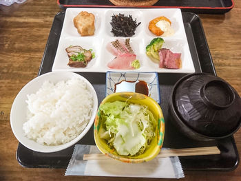 High angle view of meal served on table