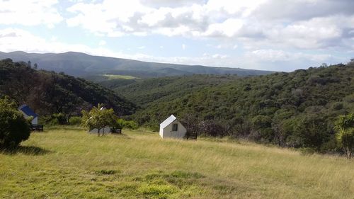 Scenic view of green landscape and mountains against sky