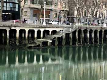 Bridge over river by buildings in city