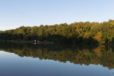 Scenic view of lake by trees against clear sky