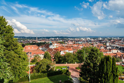 High angle view of town against sky