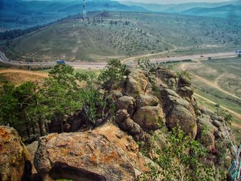 High angle view of land and mountains