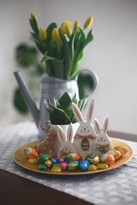 Close-up of easter eggs on table