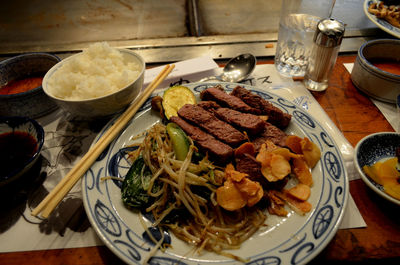 High angle view of food in plate on table