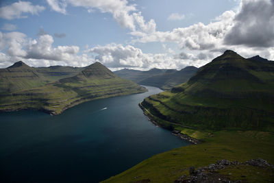 Scenic view of lake and mountains against sky