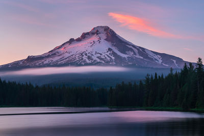 Scenic view of snowcapped mountains against sky during sunset