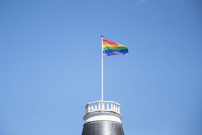 Low angle view of flags against clear blue sky