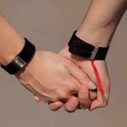 Close-up of hand holding hands over white background