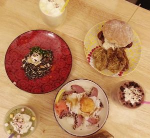 High angle view of food served on table