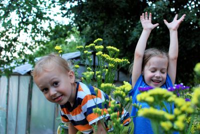 Girl and flowers in yard