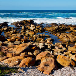 Rocks on beach by sea against sky