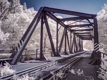 Metallic structure on bridge against sky