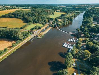 High angle view of river amidst trees