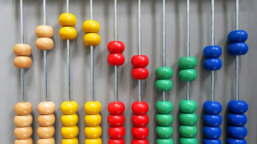 Close-up of multi colored abacus calculator against gray background