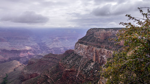 Scenic view of rock formations against cloudy sky