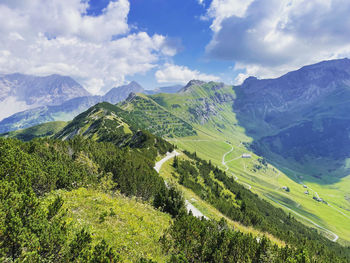 Scenic view of green mountain meadows in the alps against sky. 