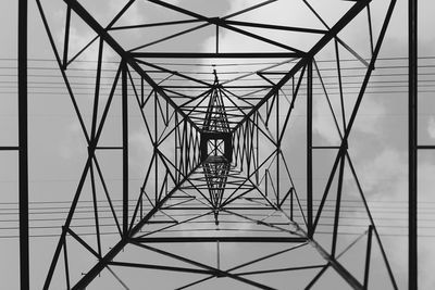 Directly below shot of electricity pylon against sky