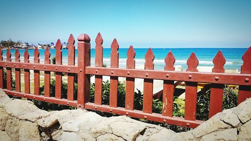 Low angle view of fence against clear sky