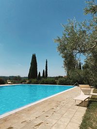 Swimming pool by trees against blue sky