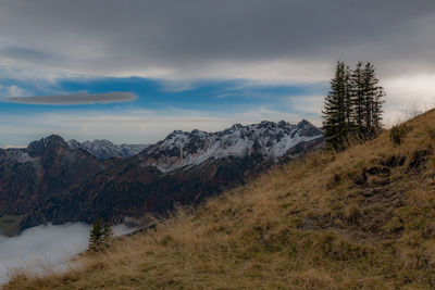 Scenic view of snowcapped mountains against sky