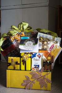 Various fruits in box on table