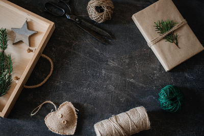 Zero waste, sustainable, green, eco-friendly christmas gifts. zero waste gift wrapping flat lay