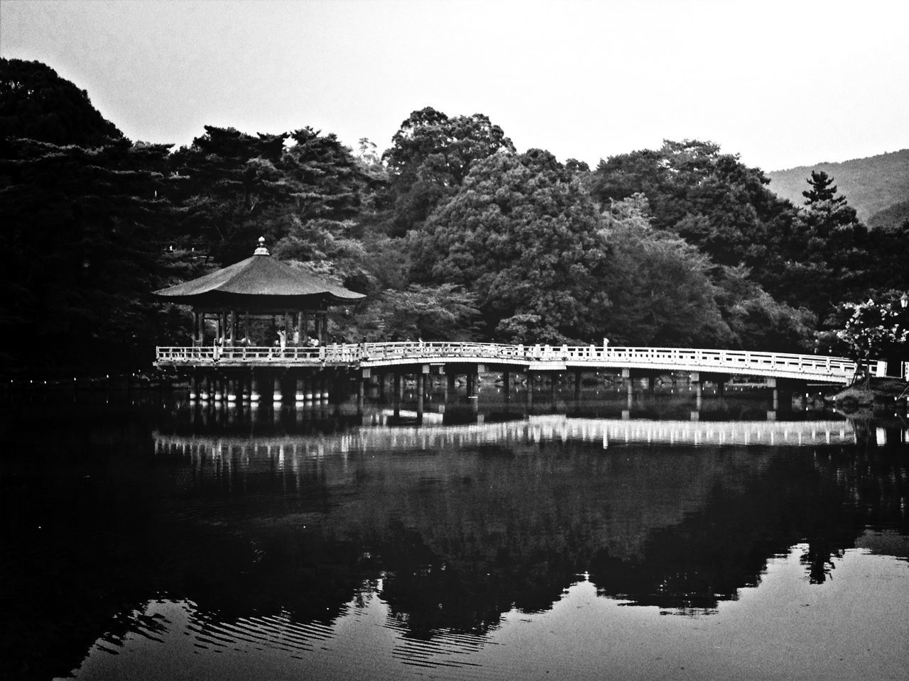 architecture, built structure, reflection, water, building exterior, tree, waterfront, clear sky, lake, river, standing water, connection, sky, nature, tranquility, outdoors, bridge - man made structure, arch, day, pond