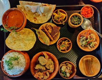 High angle view of meal served on table