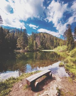 Scenic view of lake by trees against sky