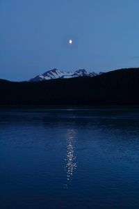 Scenic view of lake against clear sky at night