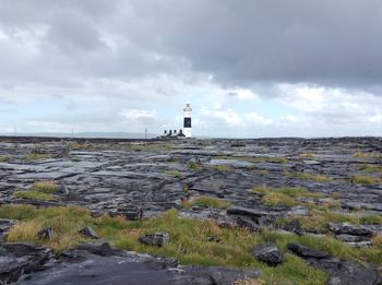 Lighthouse by sea against sky