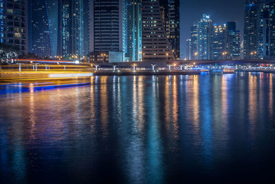 View of city lit up at night