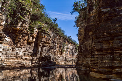 Reflection of rocks in water against sky