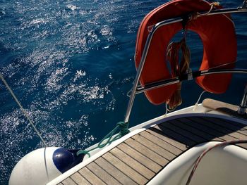 Close-up of boat sailing in sea