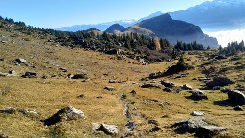 Scenic view of landscape and mountains against sky