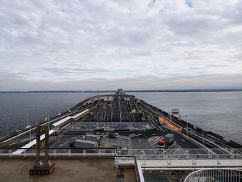 High angle view of bridge over sea against sky