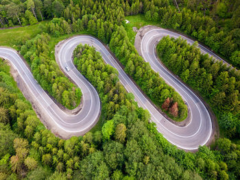 High angle view of road amidst trees