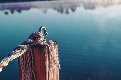 Close-up of rope tied to wooden post by lake