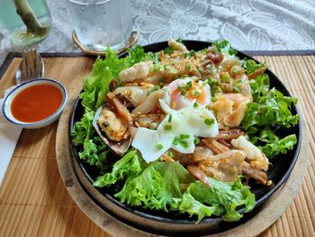 High angle view of salad in plate on table