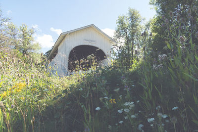 Low angle view of arch bridge on field against sky