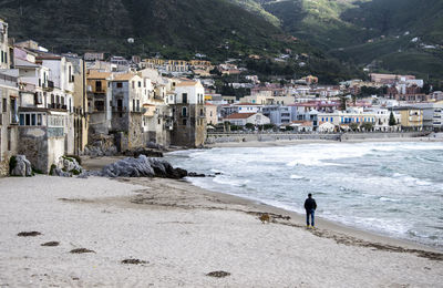 Man walking with dog at beach against buildings