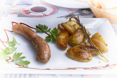 High angle view of food in plate on table