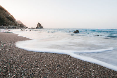 Scenic view of beach against clear sky