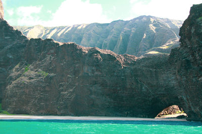 Scenic view of sea and mountains against sky