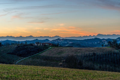 Scenic view of field against sky during sunset