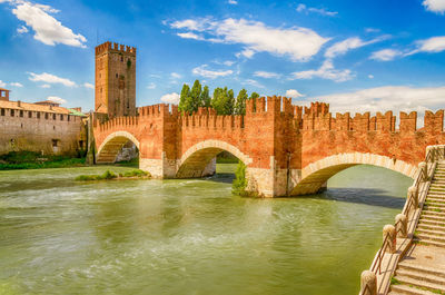 Arch bridge over river against cloudy sky