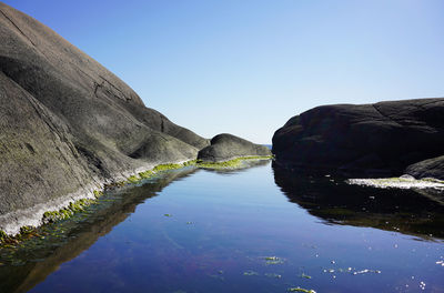 Scenic view of lake against clear blue sky