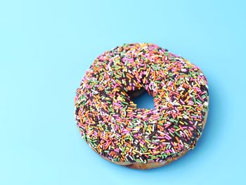 High angle view of ice cream against blue background