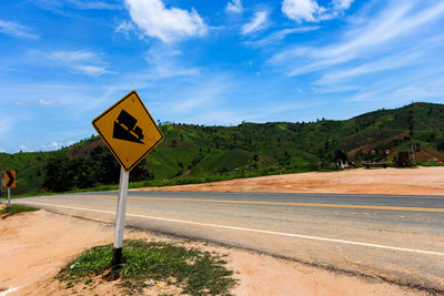 Low angle view of road sign against grassy hill